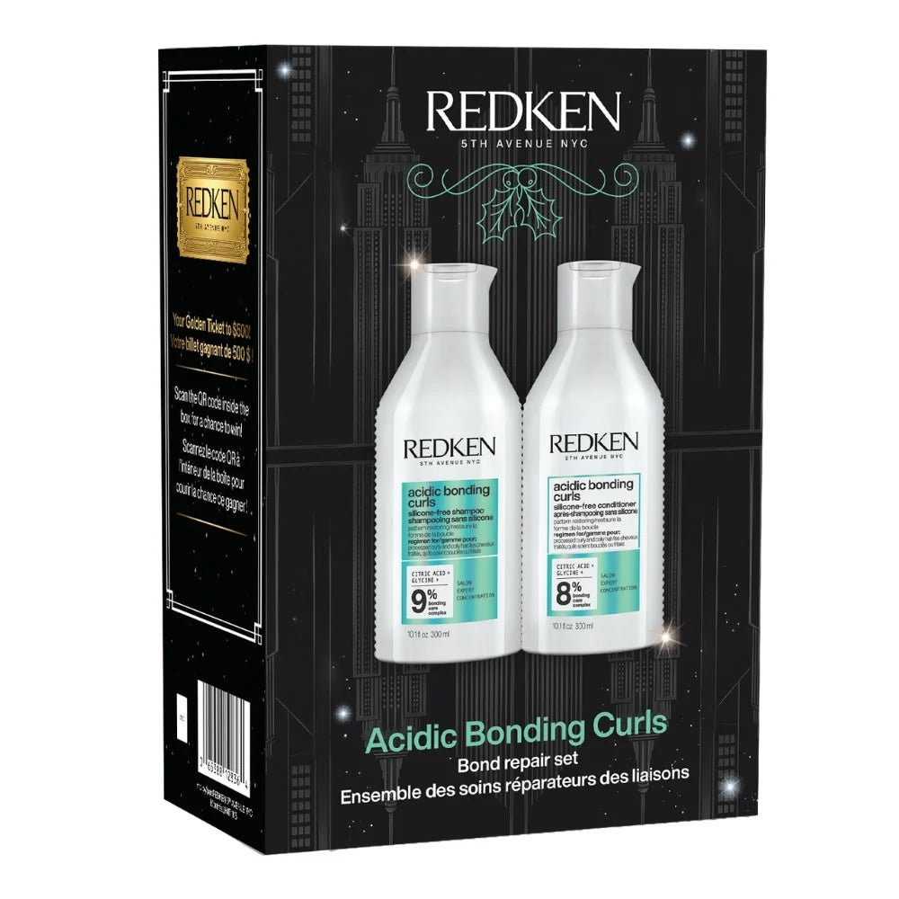 REDKEN 5th Avenue NYC Acidic Bonding Curls Bond Repair Set in a black retail box with two white bottles pictured on the front.