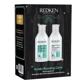 REDKEN 5th Avenue NYC Acidic Bonding Curls Bond Repair Set in a black retail box with two white bottles pictured on the front.
