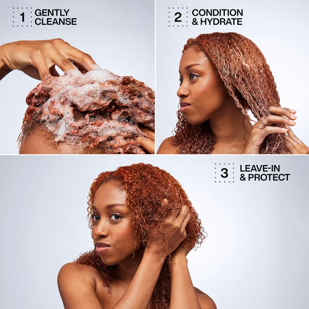 Step-by-step hair care routine with a woman washing and styling her hair.