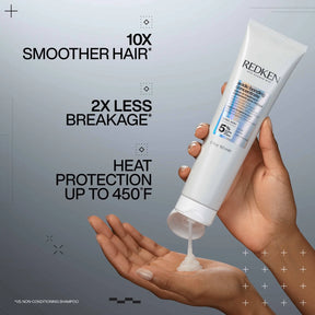 Redken hair care product being held with text highlighting benefits on a gray background