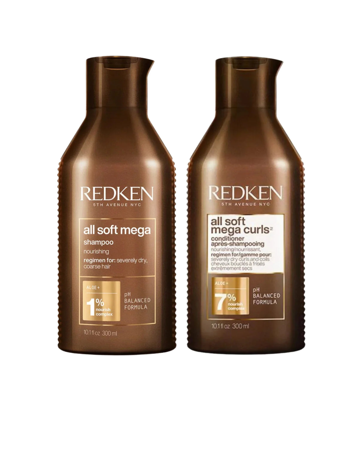 Two Redken All Soft Mega hair care bottles on a plain white background, showing shampoo and conditioner with metallic bronze packaging.