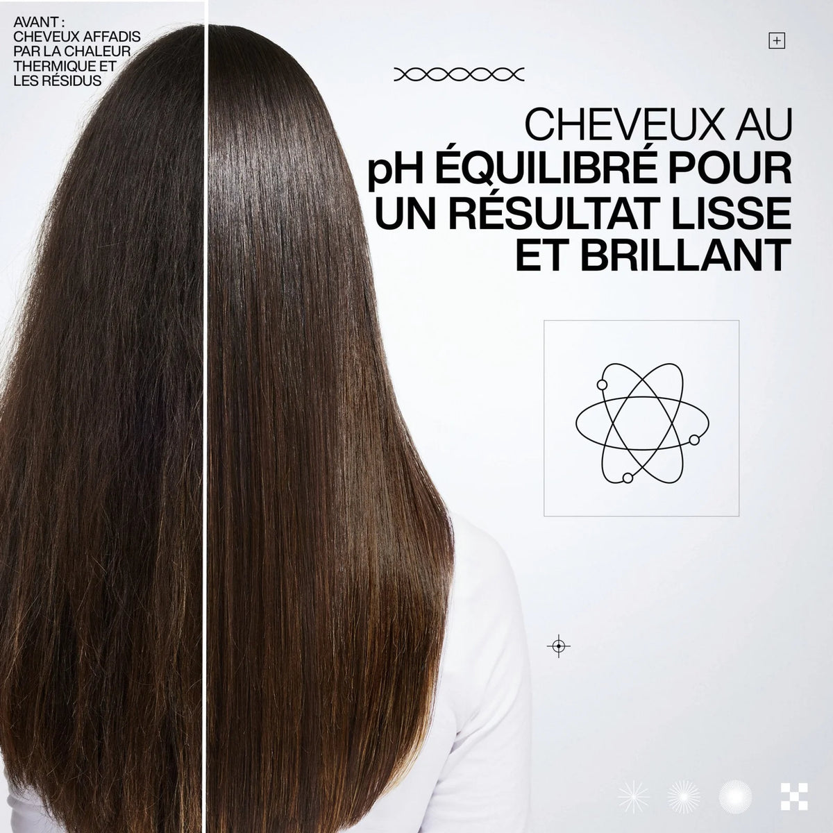 Before-and-after split-screen comparison of long, dark brown hair, showing frizzy, textured hair on the left and smooth, shiny hair on the right, with French promotional text on a white background.