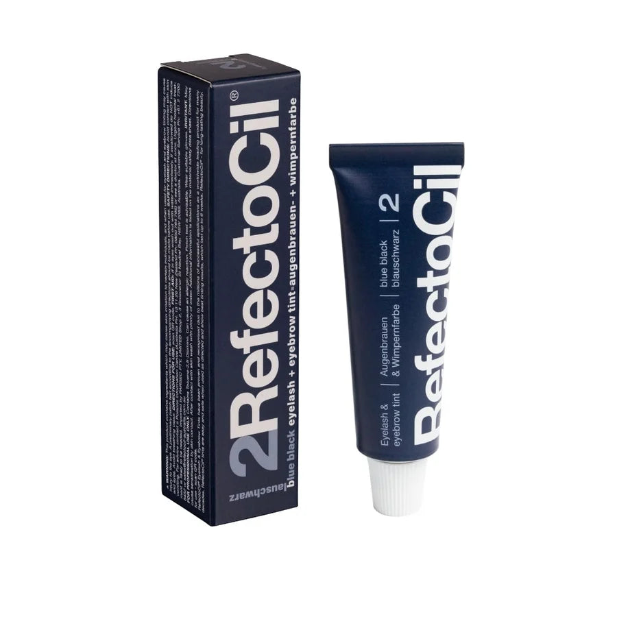 A tube and box of 2 RefectoSil eyebrow tint on a plain white background. The packaging is dark navy blue with white text.