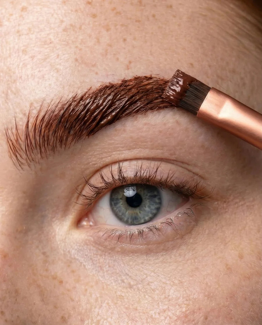 Person applying brown eyebrow makeup with a brush near their eye.