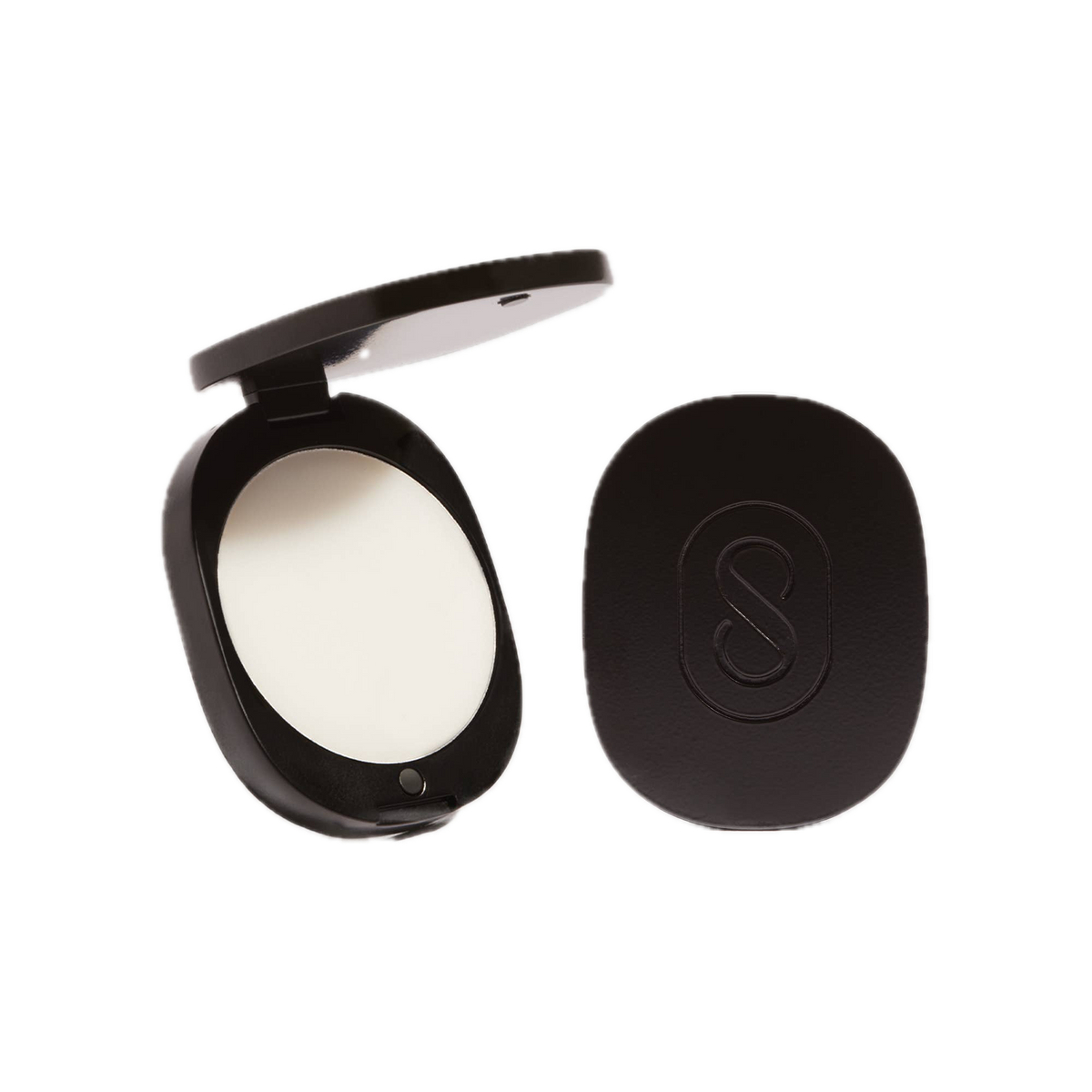 black compact case with white solid perfume