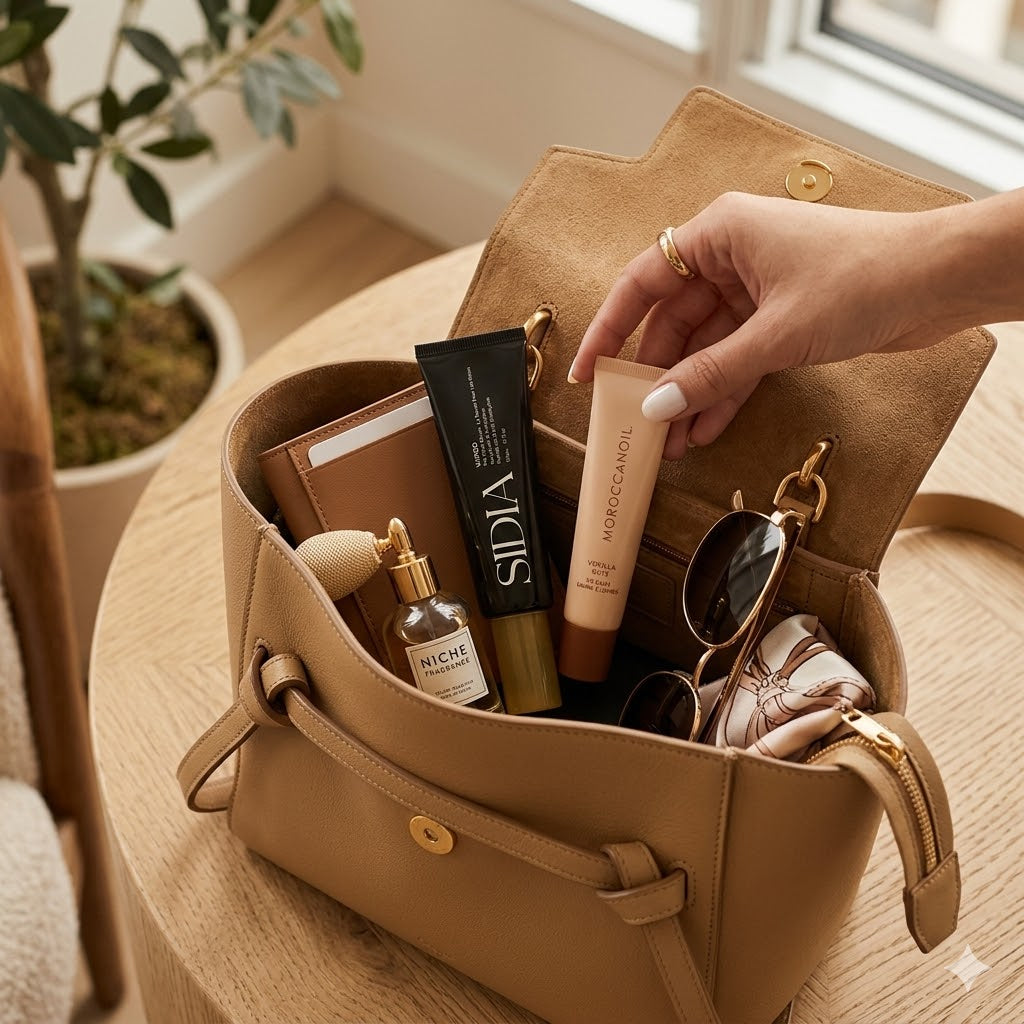 Tan handbag on a wooden surface with various items including skincare products and sunglasses.