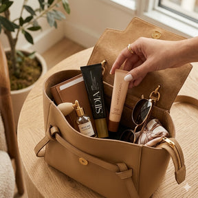 Tan handbag on a wooden surface with various items including skincare products and sunglasses.