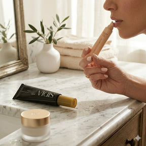 Person applying lip balm on a marble surface with a mirror and decorative items in the background
