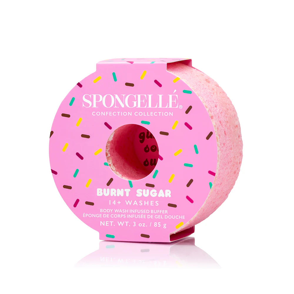 Pink bath bomb with colorful sprinkles in a SpongeLè packaging on a white background