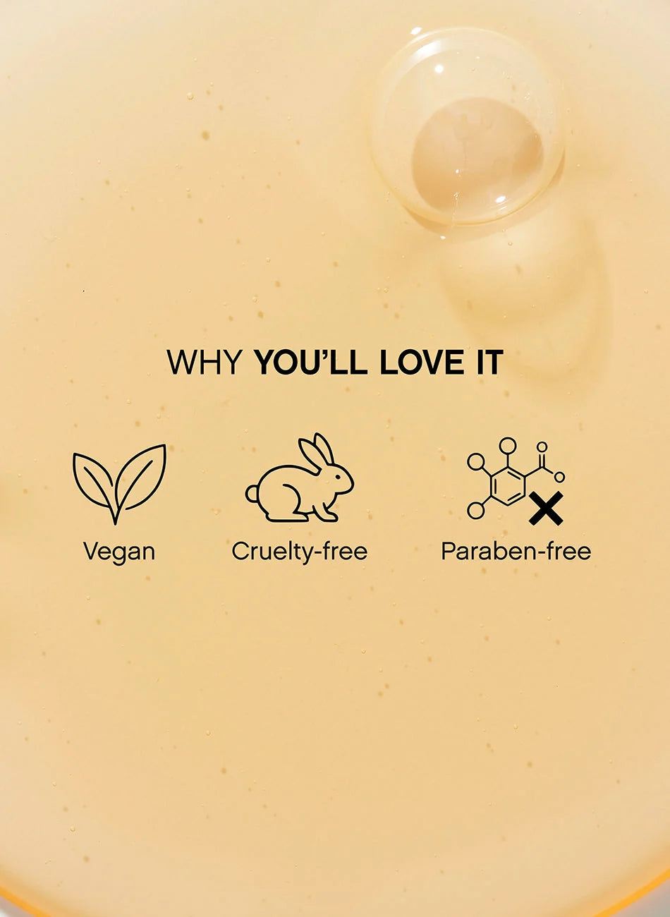 Close-up of a pale creamy yellow liquid with a bubble at the top and centered text reading 'WHY YOU'LL LOVE IT' above icons for Vegan, Cruelty-free, and Paraben-free.