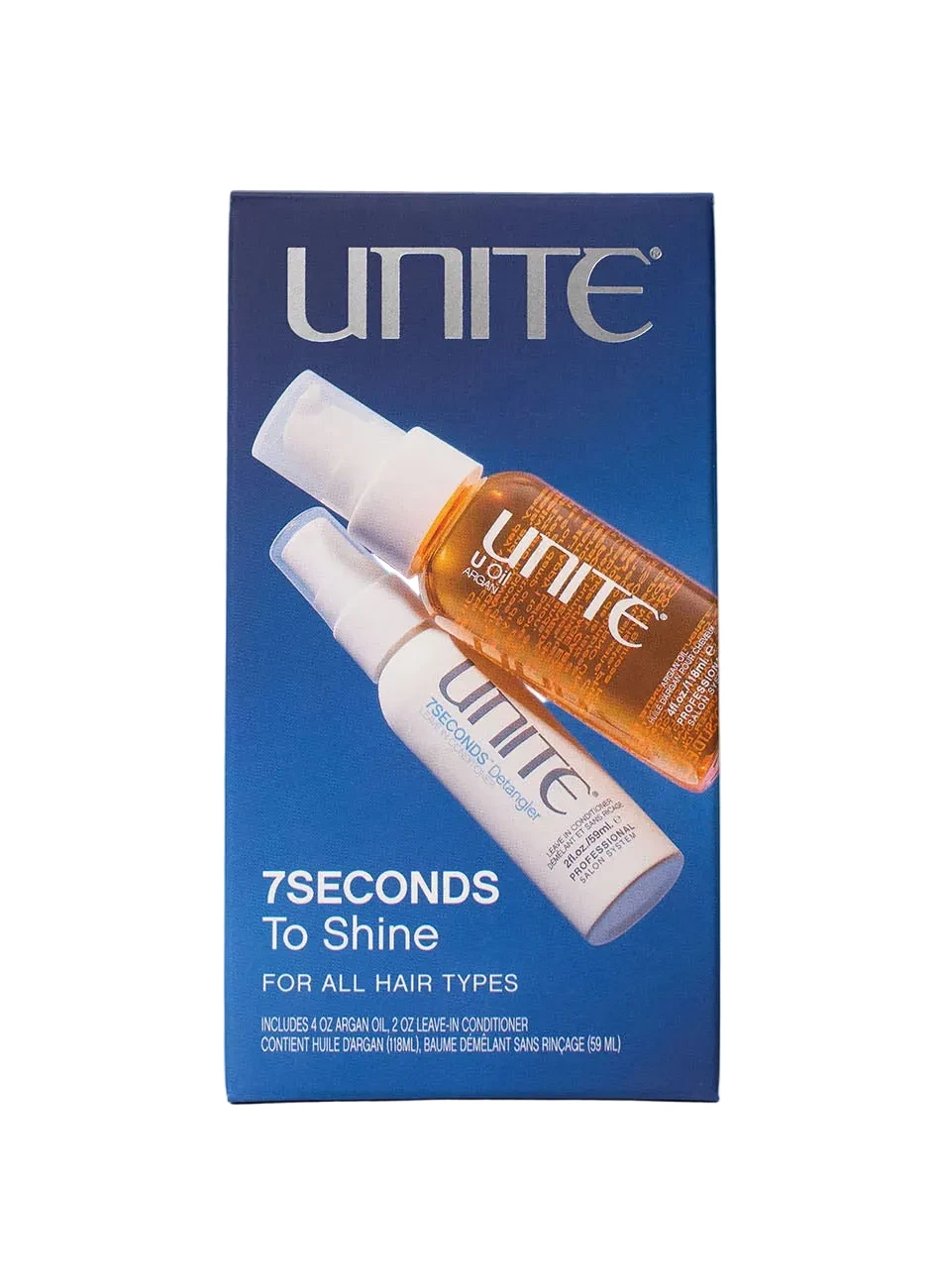UNITE 7SECONDS To Shine hair care set in its blue retail box, featuring a white and orange spray bottle and a small bottle, on a teal gradient background with a reflection below.