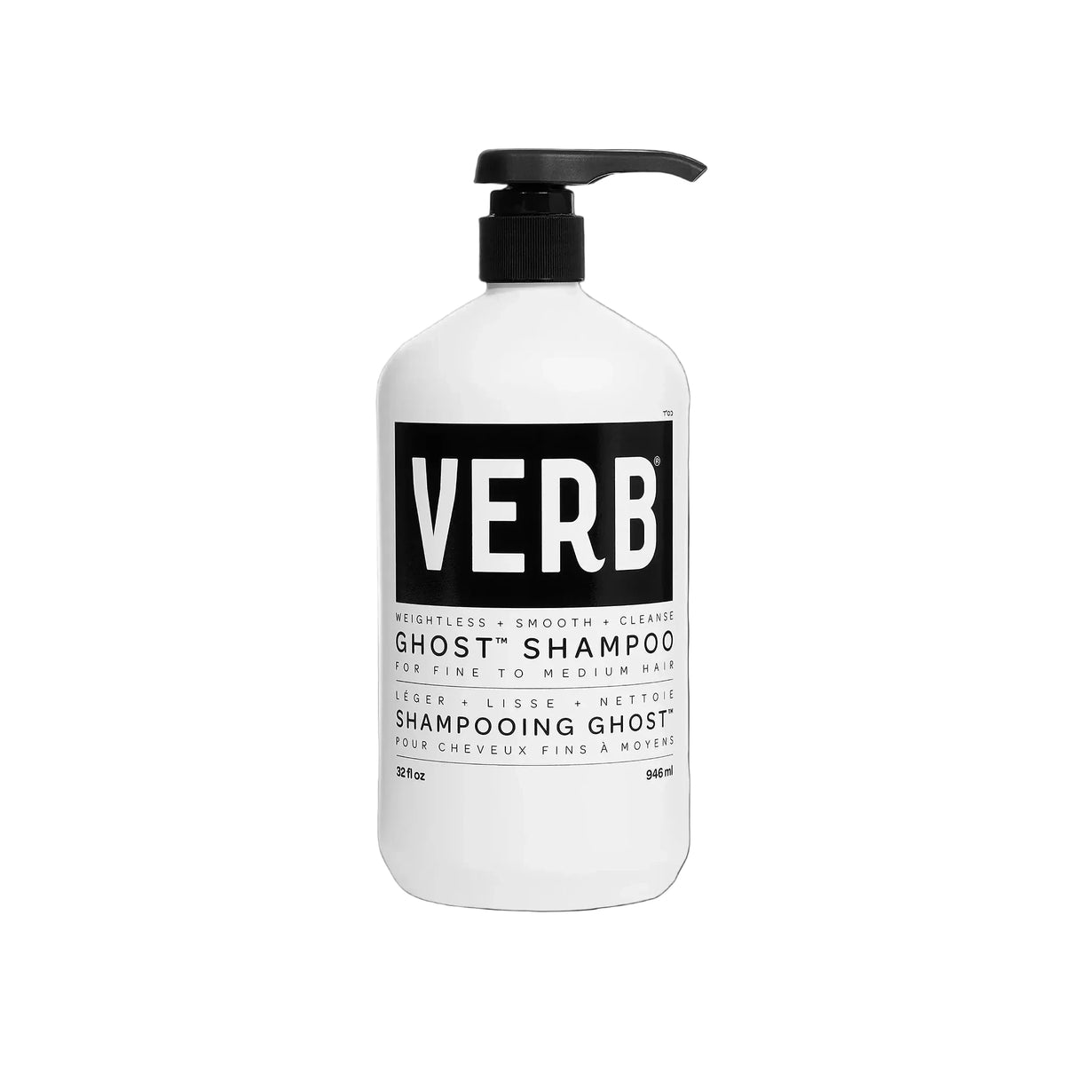 A white bottle of VERB Ghost Shampoo with a black pump dispenser and a black-and-white label, centered on a light gray background.