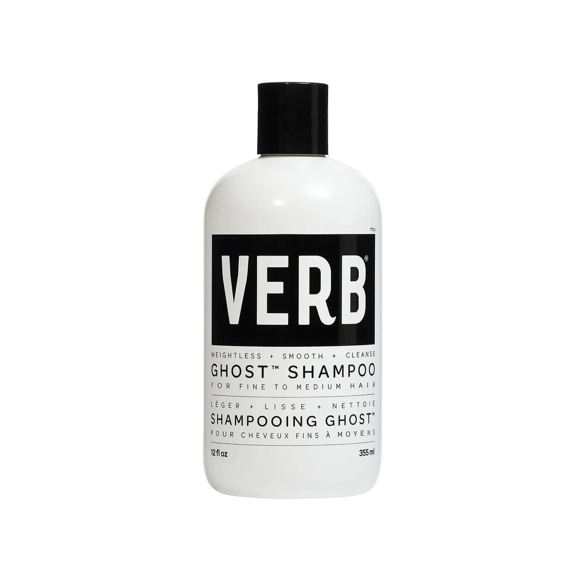 A white bottle of Verb Ghost Shampoo with a black cap and a black-and-white label, centered on a light gray background.